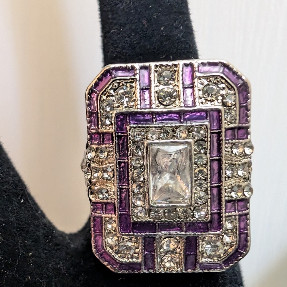 #108. Elegant Purple and Silver Square Halo Cocktail Ring